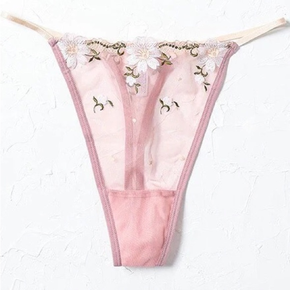 Pink Floral Embroidered Mesh Thong